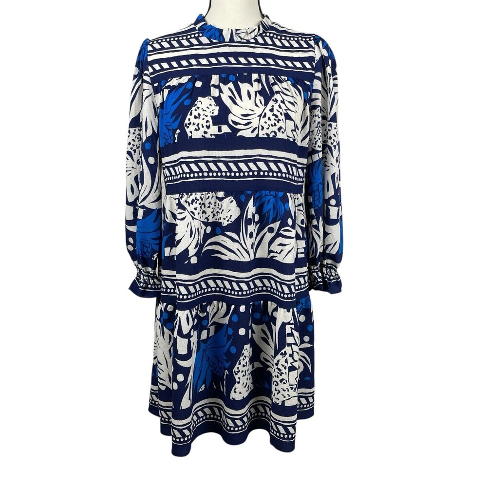 Donna Morgan Women’s Tiered Mini Dress 10 Blue White Floral Long Sleeve Tropical